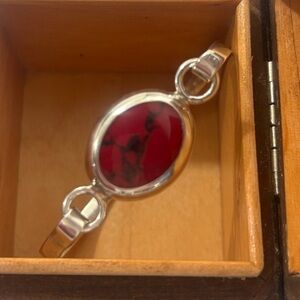 VINTAGE 925 Sterling Silver Agate Inlay Mexico Artisan Bracelet